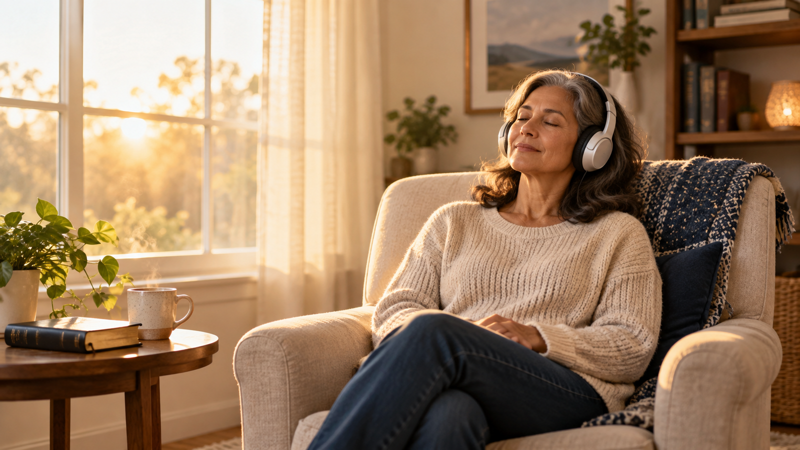 Woman resting in an armchair while listening to an audio prayer through headphones