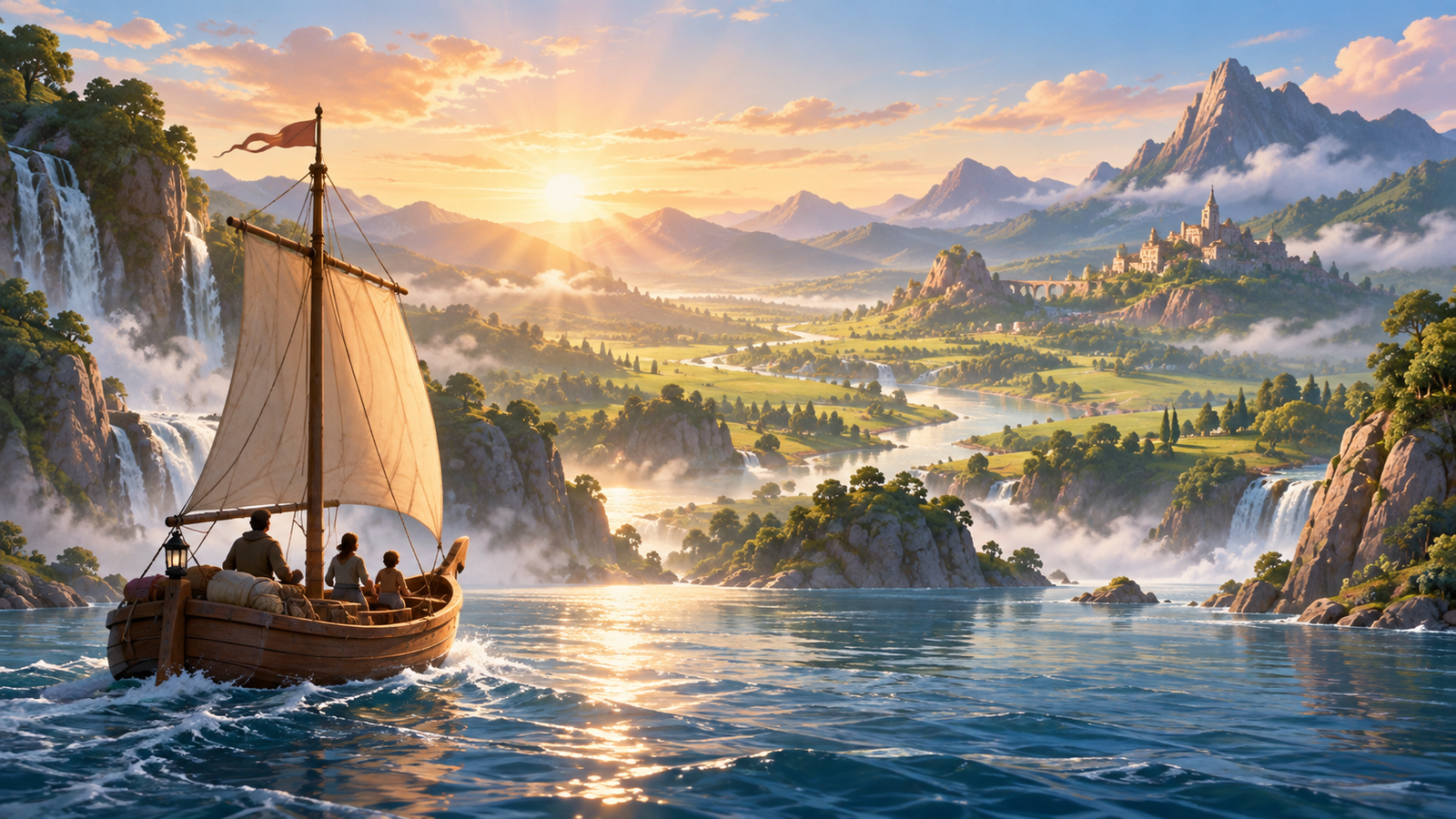 Original fantasy illustration of a family sailing toward a green valley